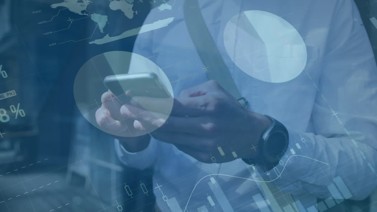 Animation of multicolored infographic interface, midsection of biracial man scrolling on cellphone
