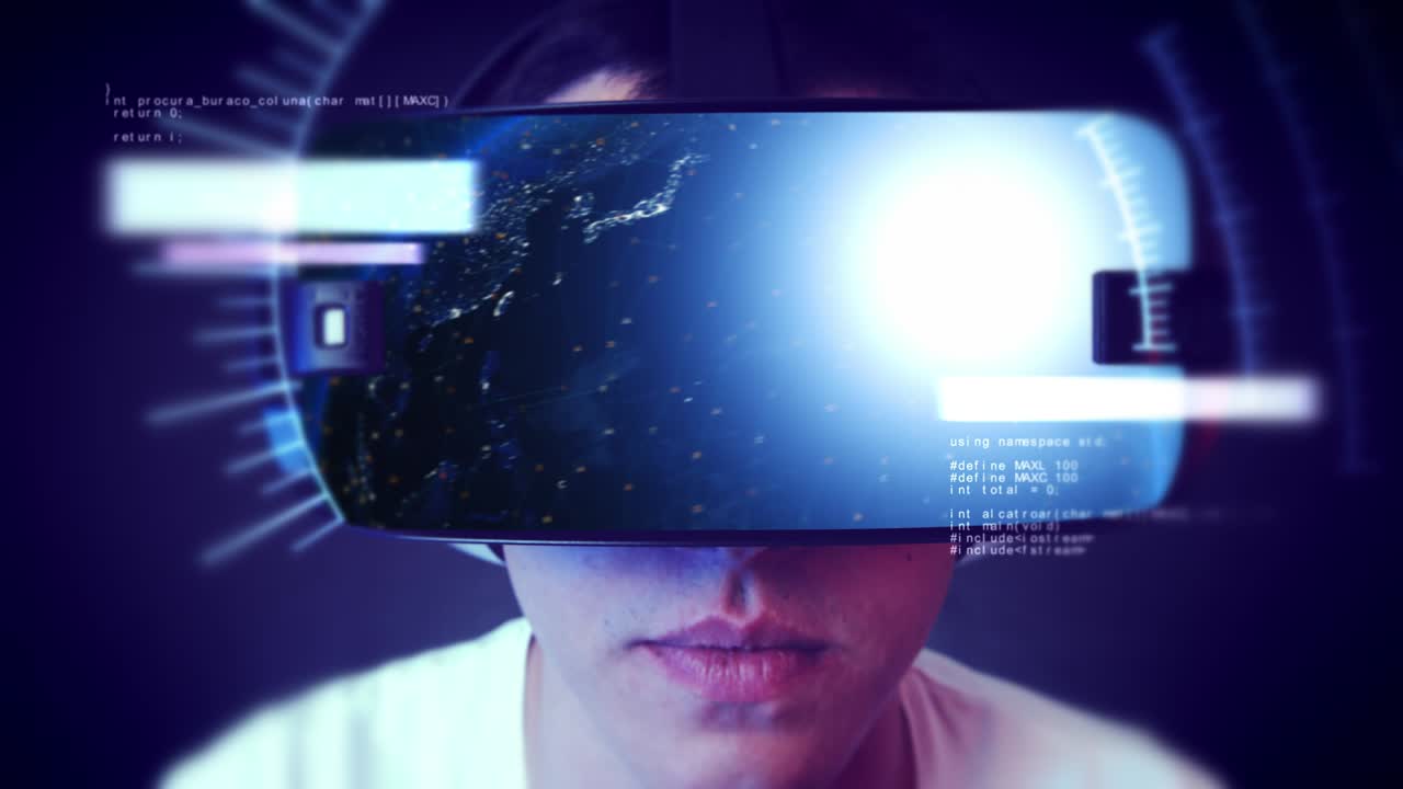 Handsome young man wearing VR headset and experiencing virtual reality.