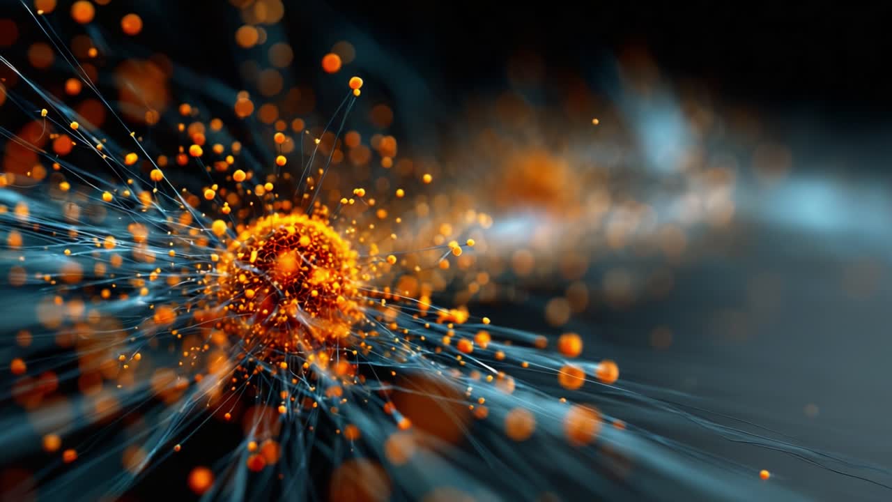 A stunning visualization of vibrant particles emanating from a central source, showcasing the dynamic interplay of motion, color, and light in a captivating abstract design