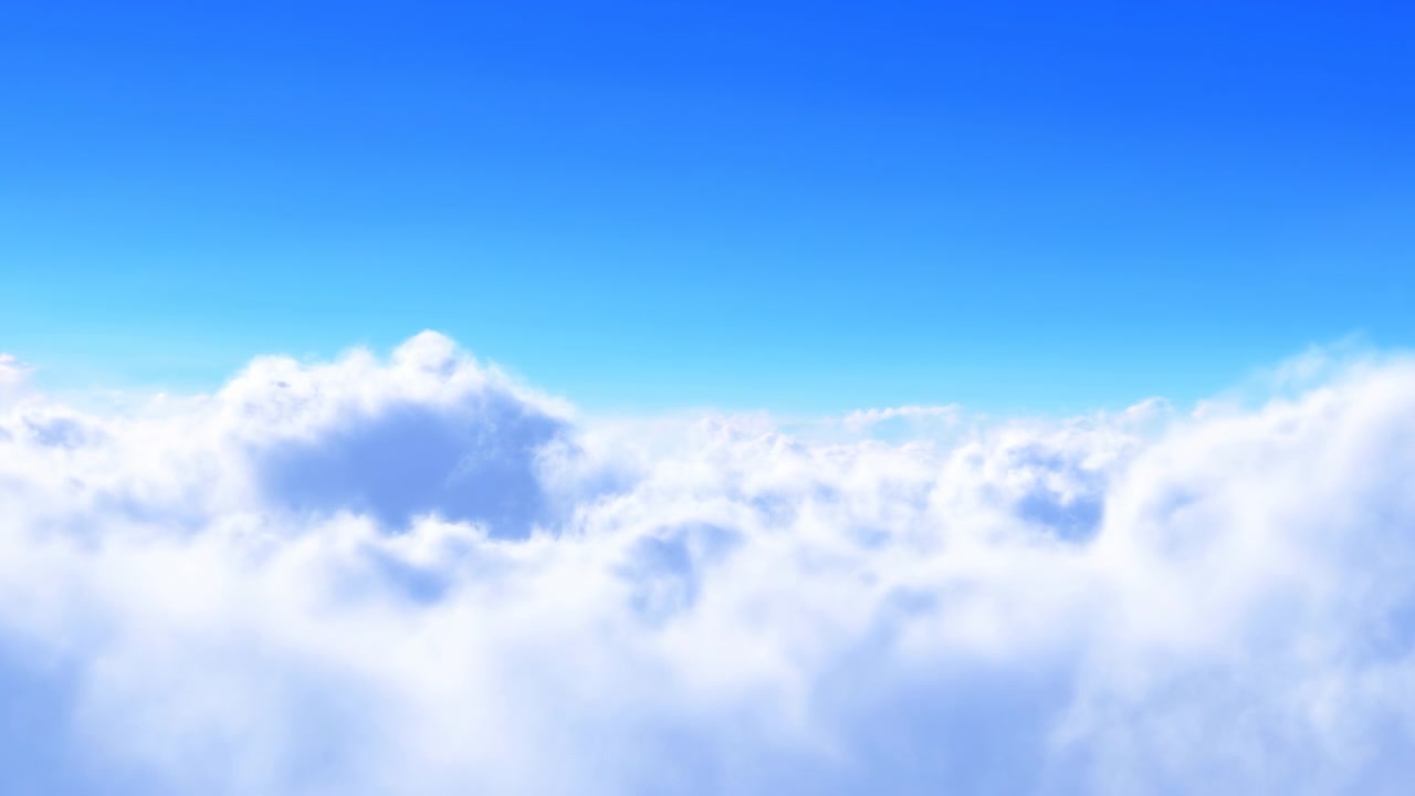 Pemandangan langit dari ketinggian menunjukkan langit biru tua yang terbuka di atas awan lembut dan berbulu, dengan gradien warna yang bersih, sinar matahari yang lembut, dan cakrawala minimal untuk suasana yang lapang dan tenang