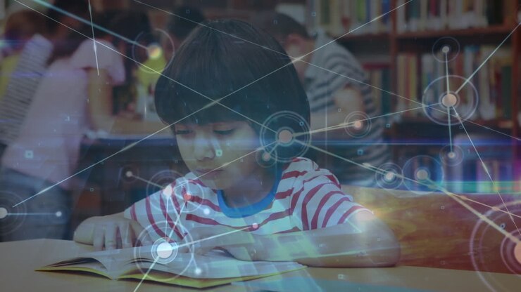 Animation of network of connections over diverse schoolchildren in library