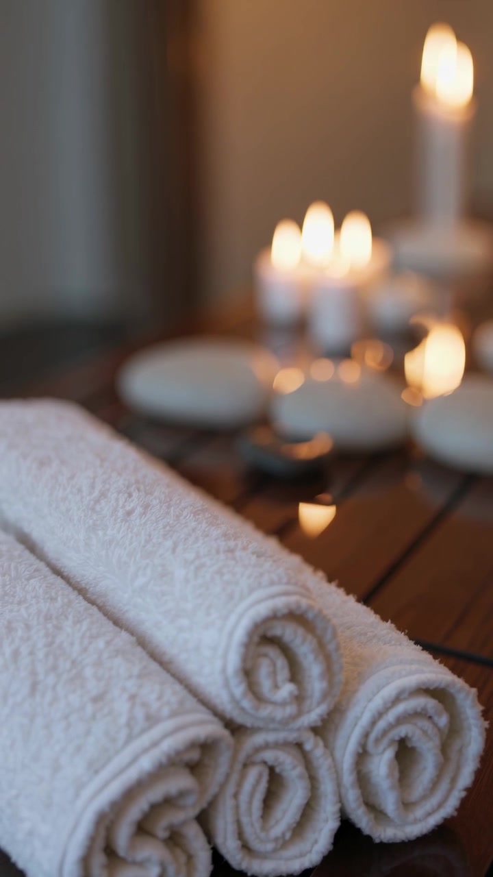 Rullede hvide håndklæder og tændte stearinlys i afslappende spa-omgivelser