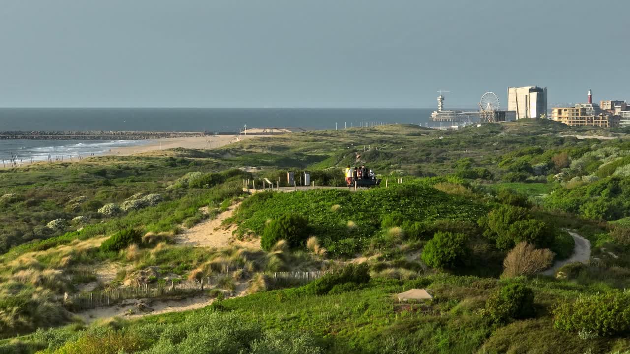 모래 언덕 이 있는 네덜란드 도시 풍경 의 해안 풍경