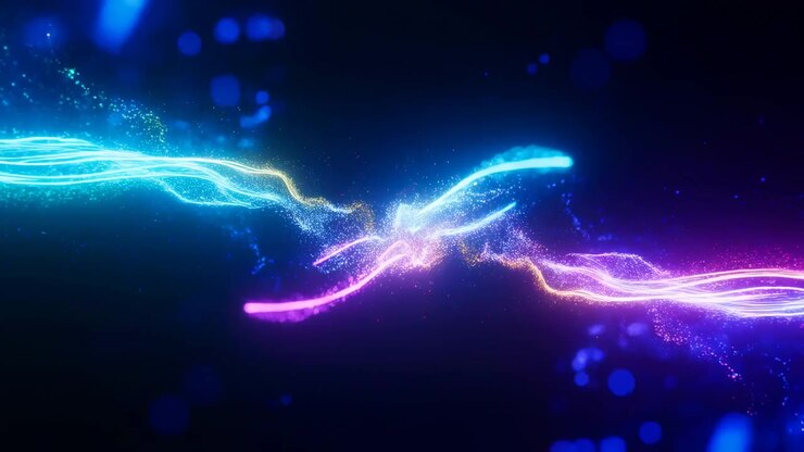 Filamenti luminosi attraversano il centro ed espandono in ampie curve ciano e rosa, circondati da sottili punti scintillanti e luci blu sfocate su uno sfondo blu navy profondo