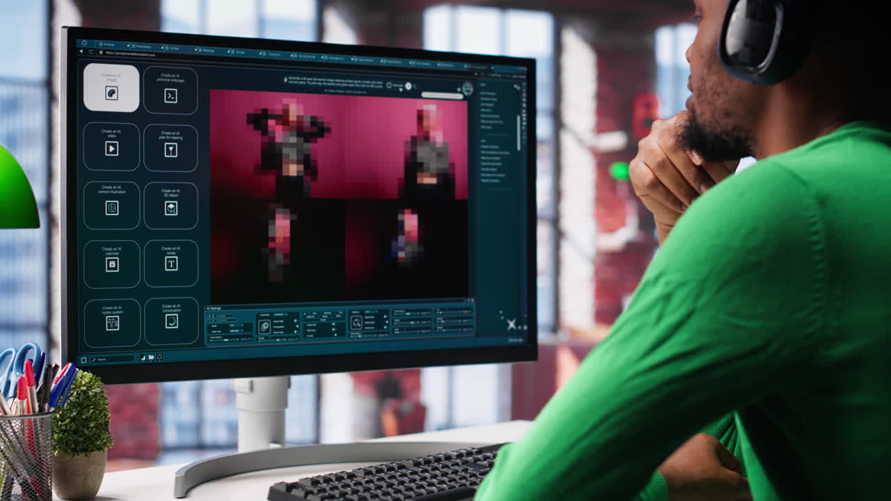 Vertical Video African american user operates generative AI program to create digital photos