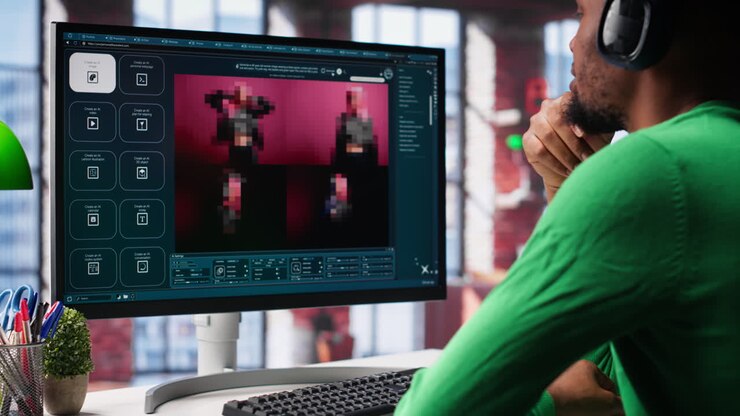 Video verticale. Utente afroamericano che utilizza un programma di IA generativa per creare foto digitali.