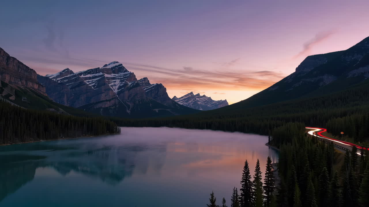 Mountain Lake at Twilight with Car Light Trails