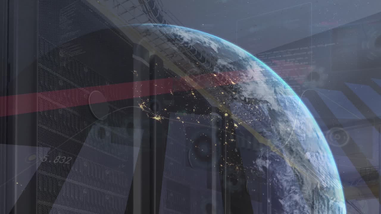 animación del procesamiento de datos estadísticos en todo el mundo contra la sala de servidores de computadoras.