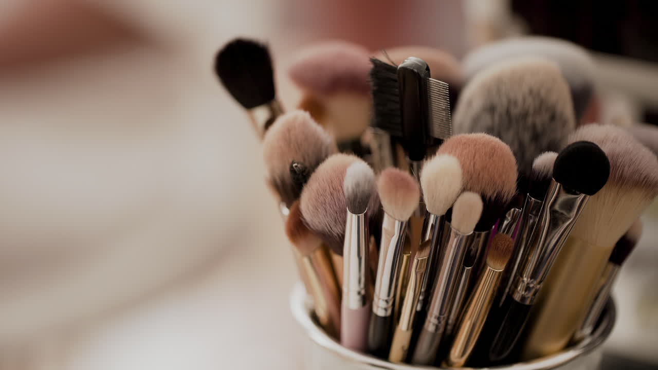 Close-up of Makeup Brushes in Leather Case