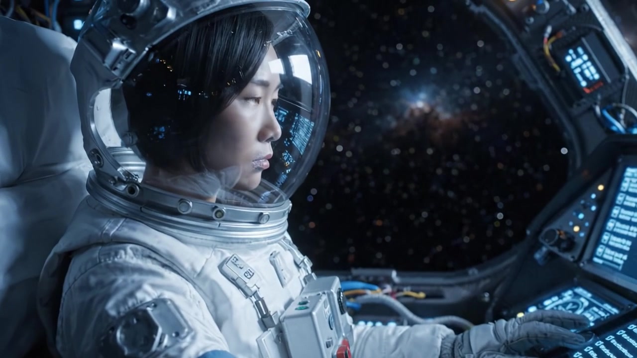 宇航员在太空深处寂静守望，熟练操控星舰的复杂控制系统，窗外浩瀚的宇宙海洋中星光闪烁。