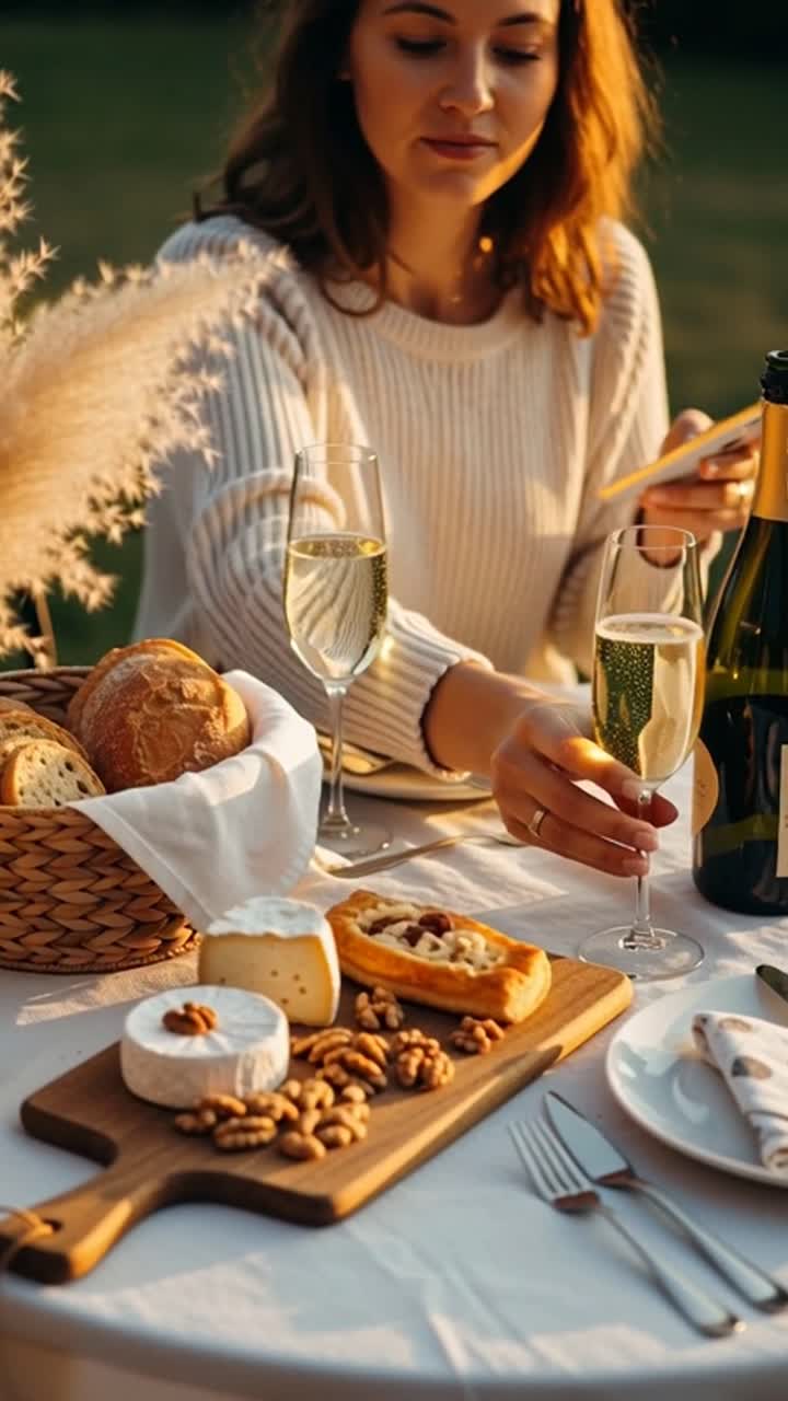 Donna che condivide un elegante picnic sullo smartphone