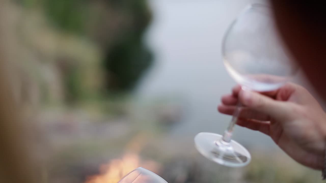 Couple Drinking Wine At Nature. Young couple near the bonfire with two glasses of red wine