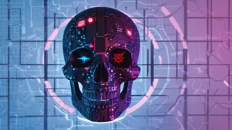 cybernetic skull with glowing red and blue eyes