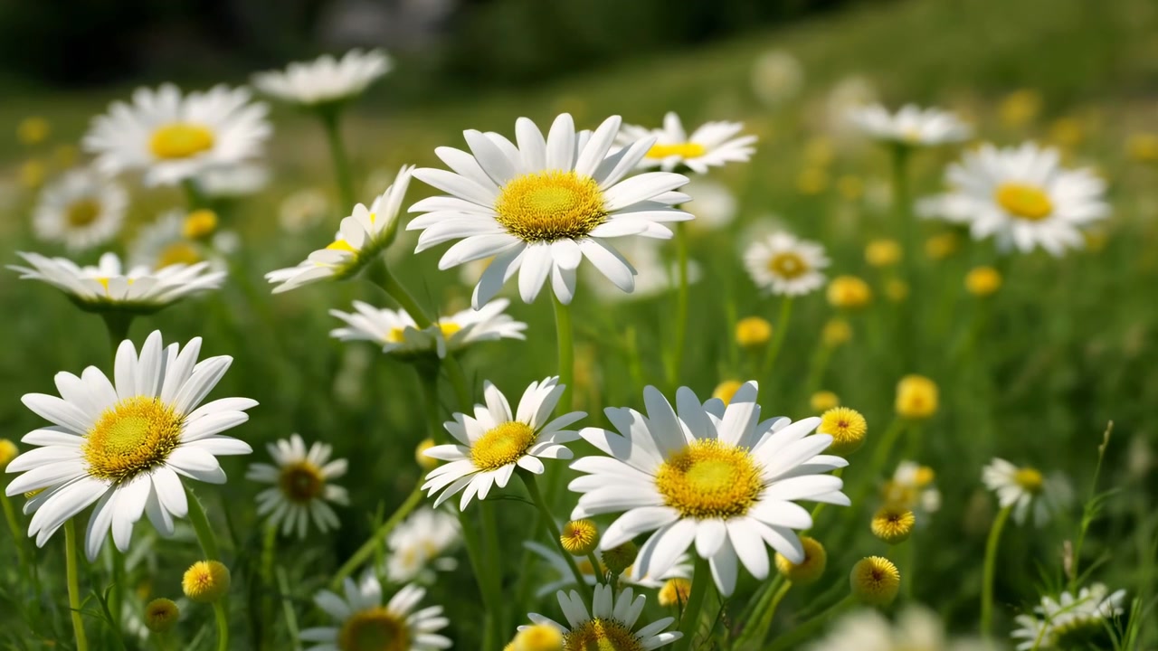 Vista ravvicinata di margherite selvatiche bianche con centri gialli che si ergono tra l'erba verde lussureggiante, fiori nitidi in primo piano, sfondo morbido e sfocato, luce diurna delicata e un'atmosfera primaverile fresca e pacifica