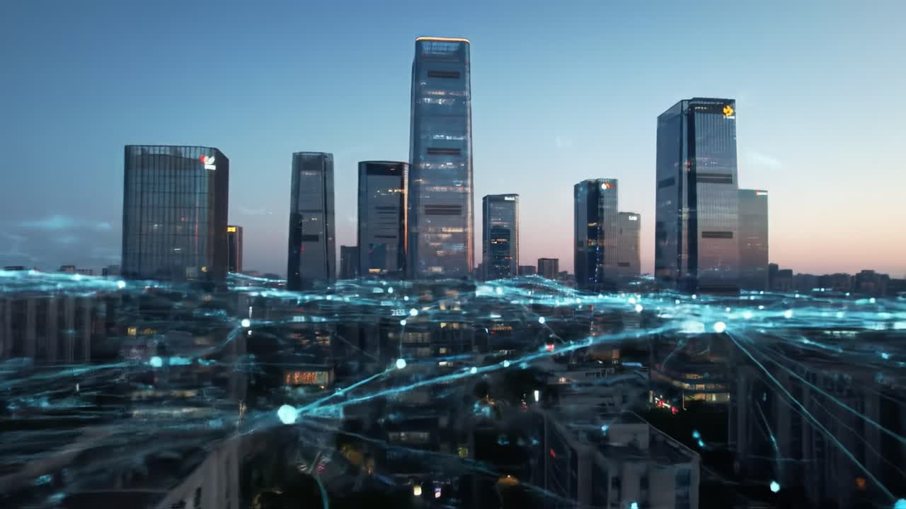 Stunning Urban Landscape Showcasing Modern Skyscrapers and Digital Connectivity at Dusk, Highlighting the Fusion of Architecture and Technology in City Life