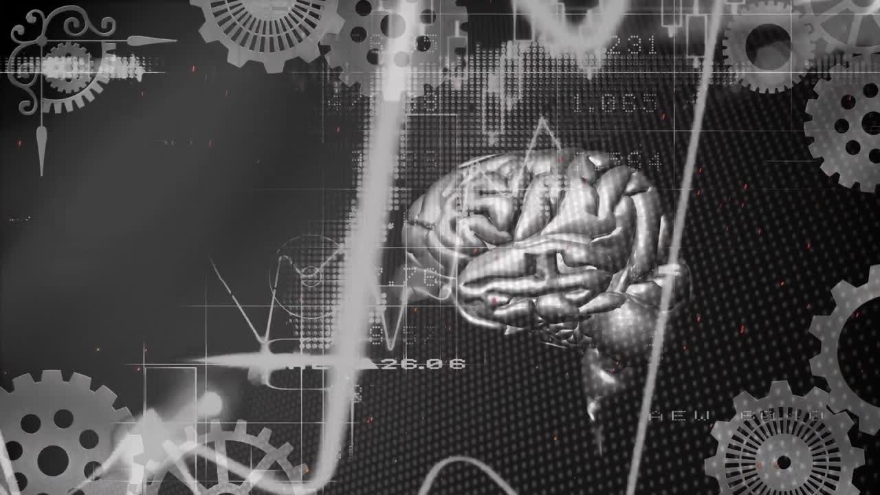 인간의 두뇌와 검은 바탕에 회전하는  ⁇ 의 금융 데이터 처리의 애니메이션