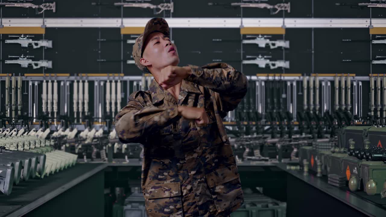 Asian man soldier dancing In Military Armory