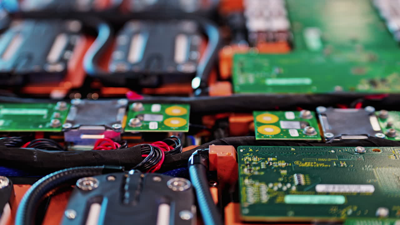 Close-up of an advanced electronic system with green printed circuit boards, insulated high-power connectors, and structured wiring