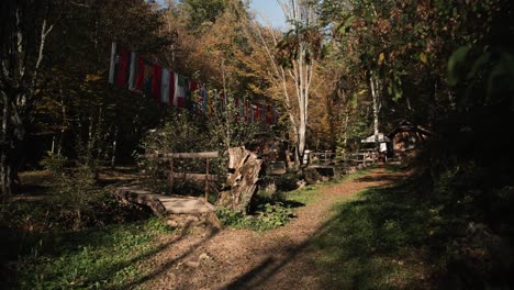 puente de madera y casas en un bosque de otoño