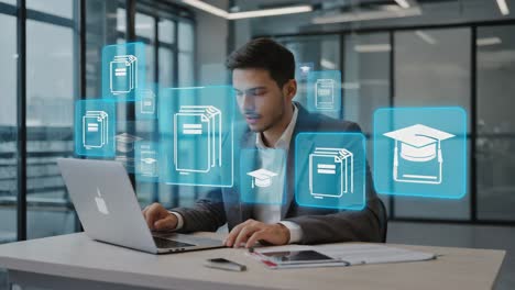man engaged in online learning with digital educational icons