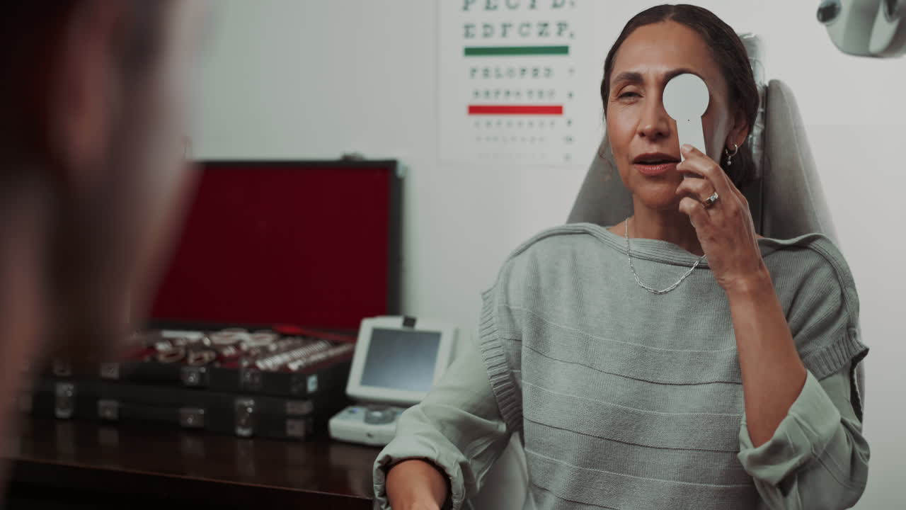 mujer haciendo un examen ocular en el optometrista