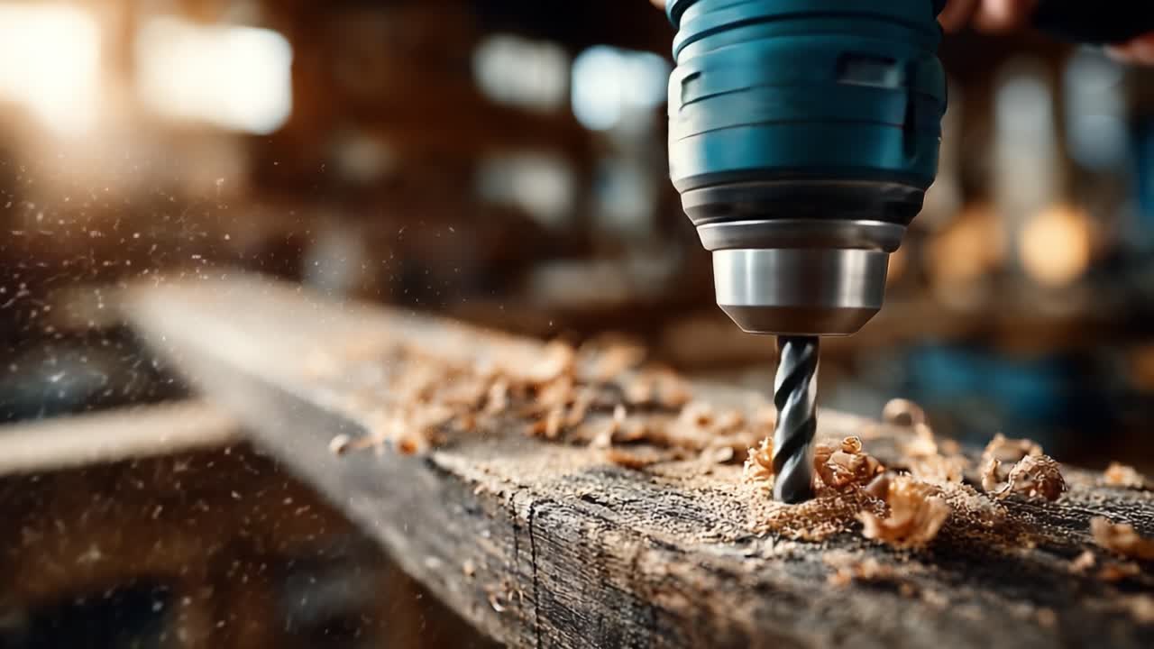Primer Plano de una Potente Broca en Acción, Creando Agujeros de Precisión en una Viga de Madera, Capturada con Impresionante Detalle entre Polvo y Virutas de Madera