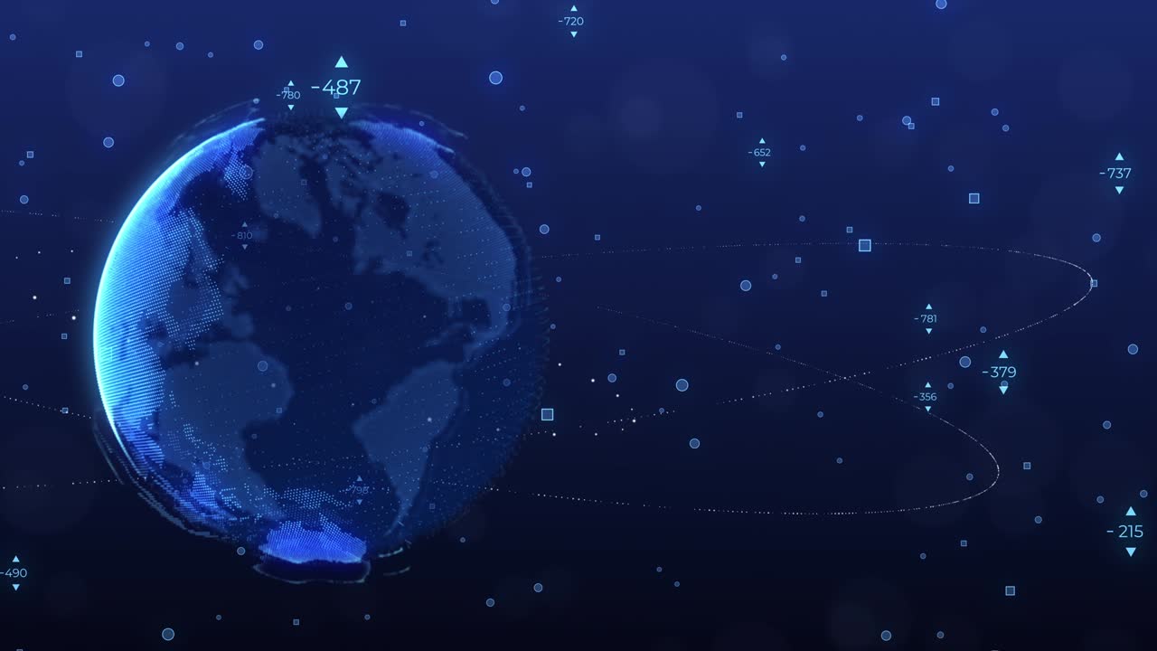 세계 지도, 입자 반지와 함께 회전하는 지구, 이진 코드, 비행, 기술, 미래 개념, 배경