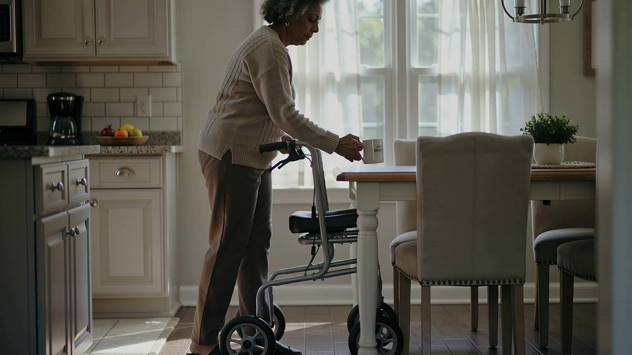 Entering from left senior woman sweater pushing rollator holding mug in kitchen