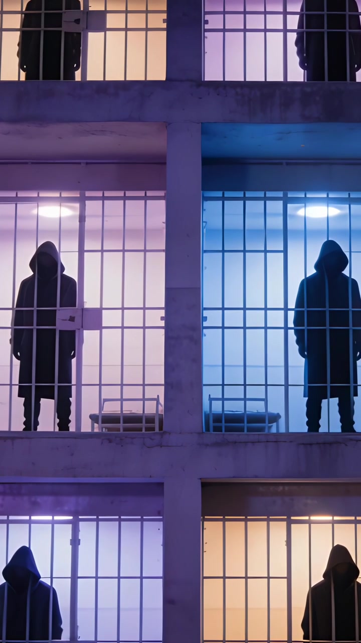 Vertical video: Standing six hooded figures still behind metal bars in cells, lights creating grid