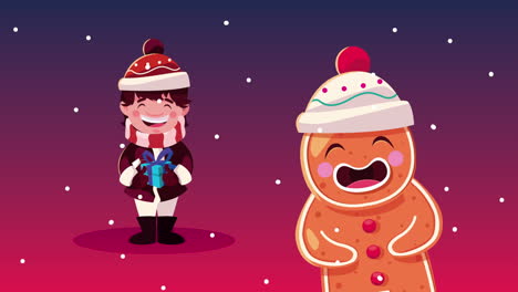 merry christmas animation with ginger cookie and boy