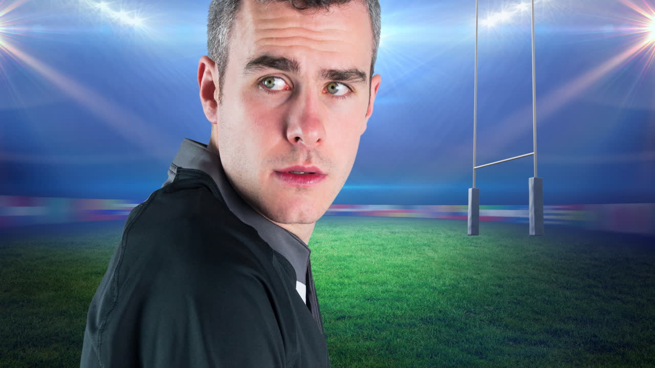 경기장 위에 공을 들고 있는 백인 남성 럭비 선수의 애니메이션