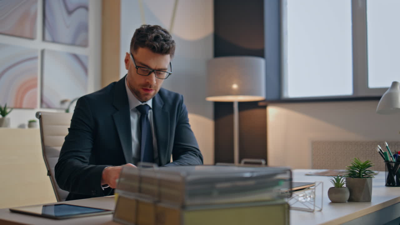 Leader person start work modern agency office closeup. Director opening laptop