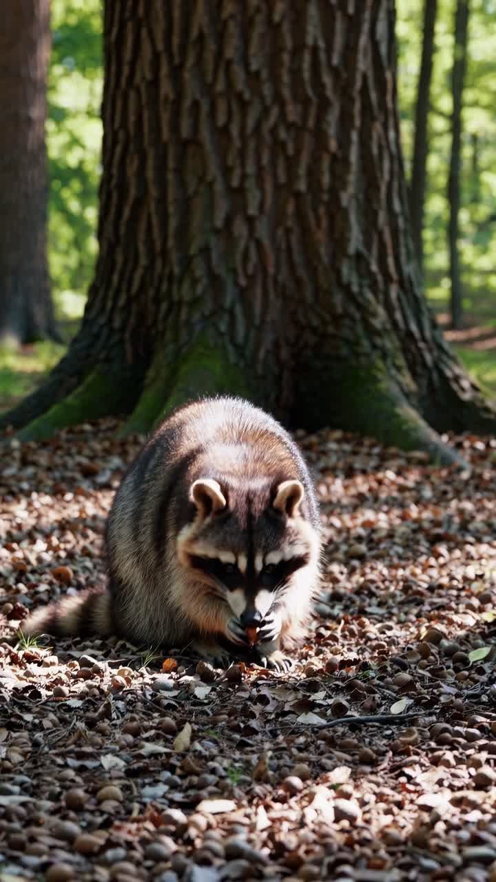 A close-up, eye-level video of a raccoon foraging on a forest floor, surrounded by fallen leaves