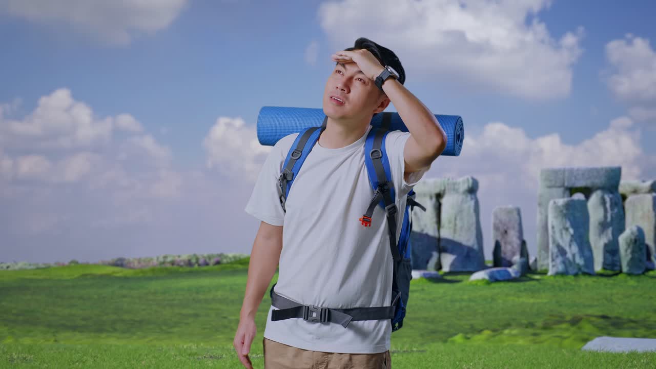 Asian Male Hiker With Mountaineering Backpack Hand Forehead Smiling And Looking Distance While Traveling In Stonehenge