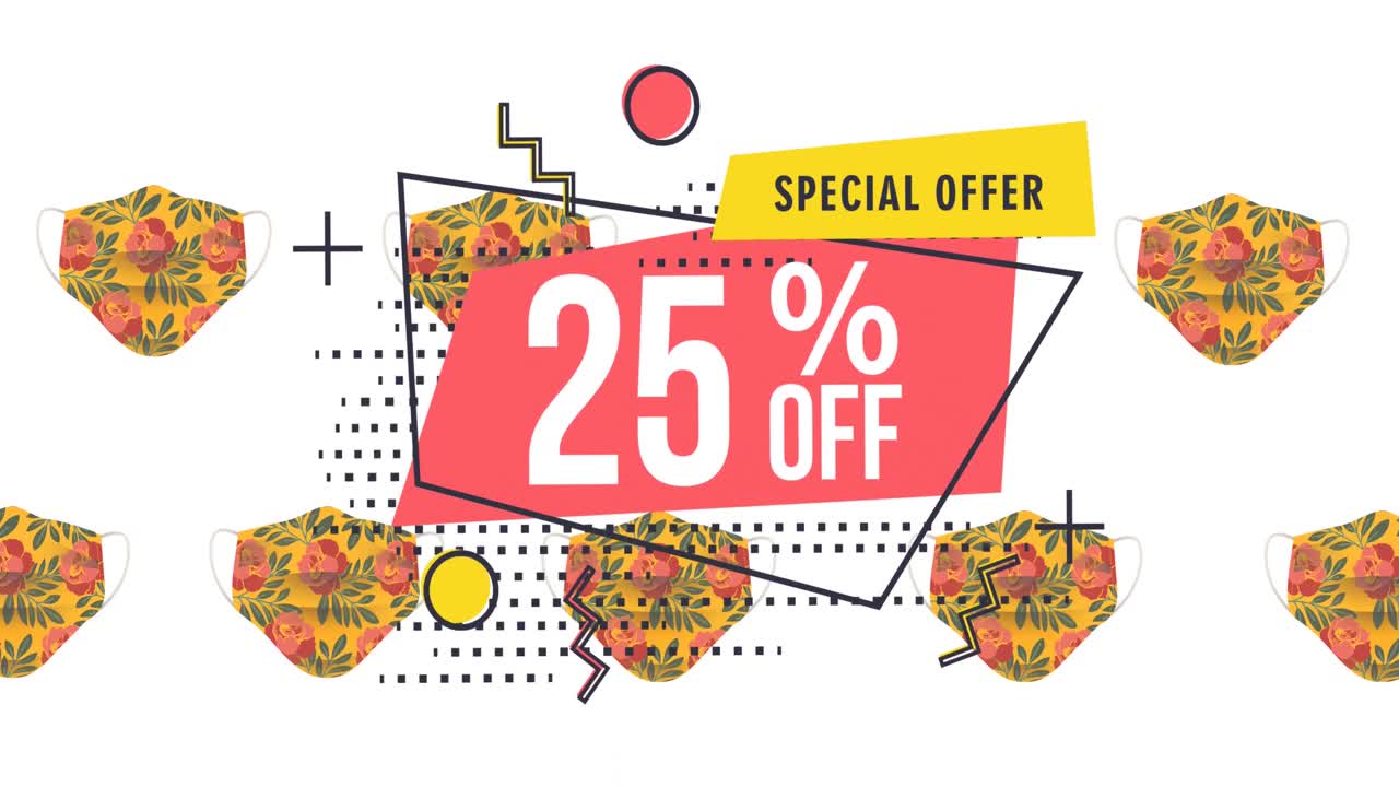 animación de 25 por ciento de texto en el banner y máscaras faciales en el fondo