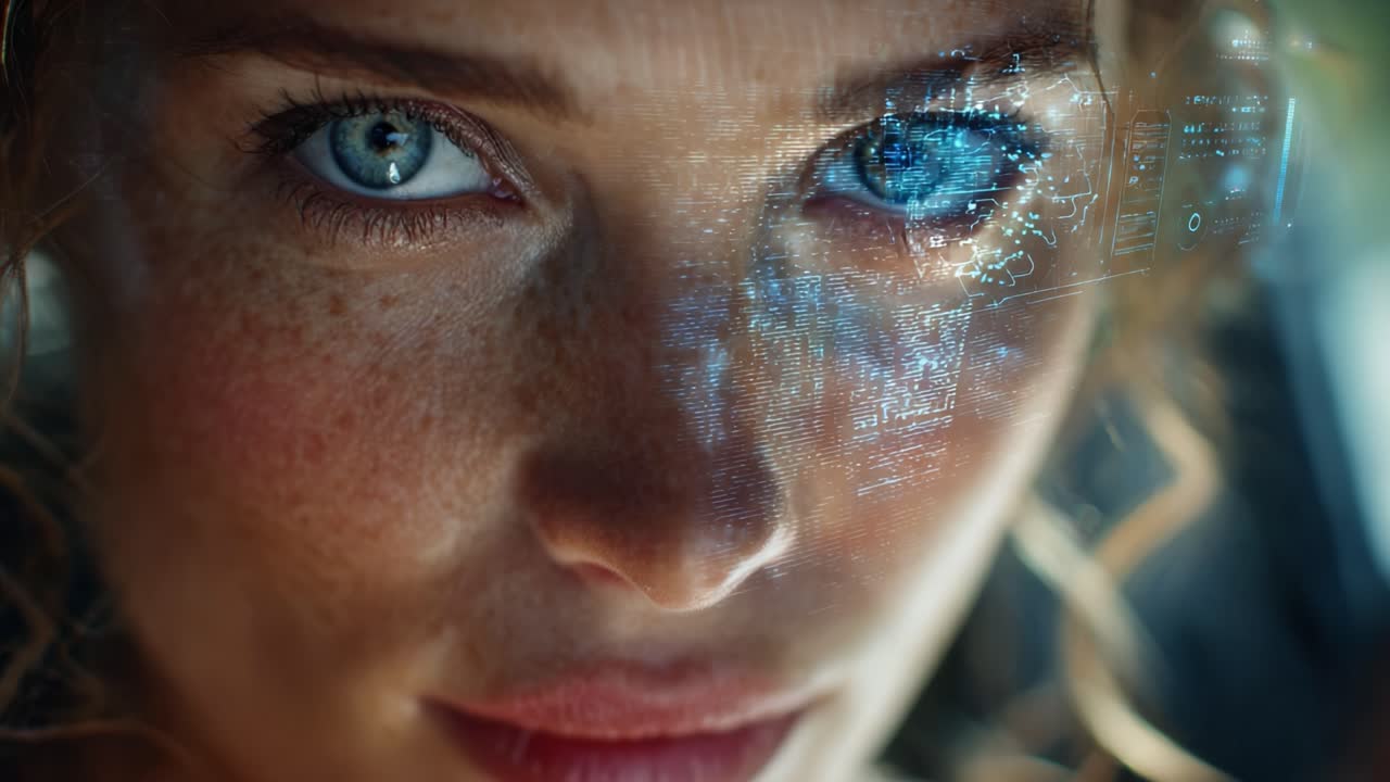 A Close-Up of a Person's Face with Enhanced Vision, Showcasing Digital Displays Reflected in Their Eyes, Merging Humanity with Technology in a Futuristic Context
