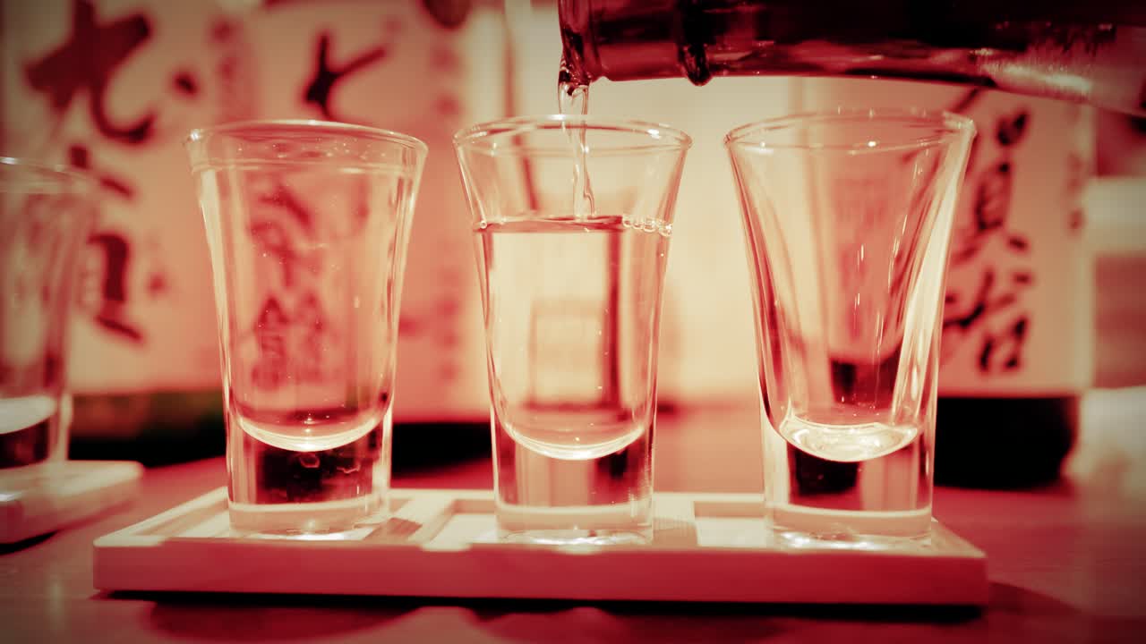 Primo piano di chiaro vino di riso che si versa in piccoli bicchieri in un ristorante in penombra.