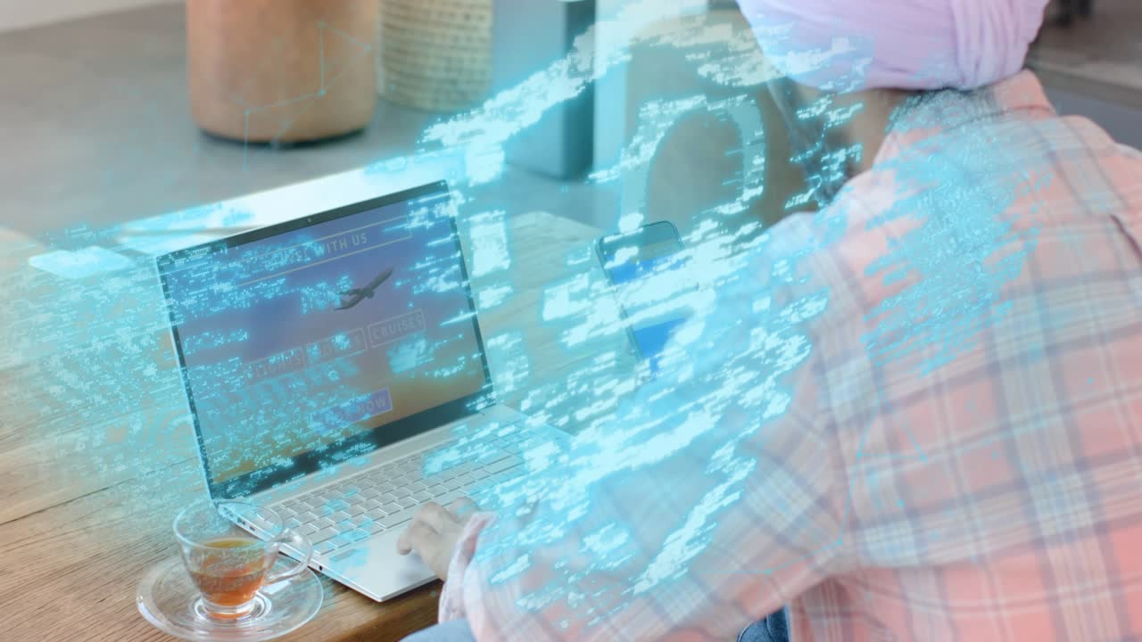 Man typing on laptop, blue hologram sweeping and overlaying laptop, upper body, securing access