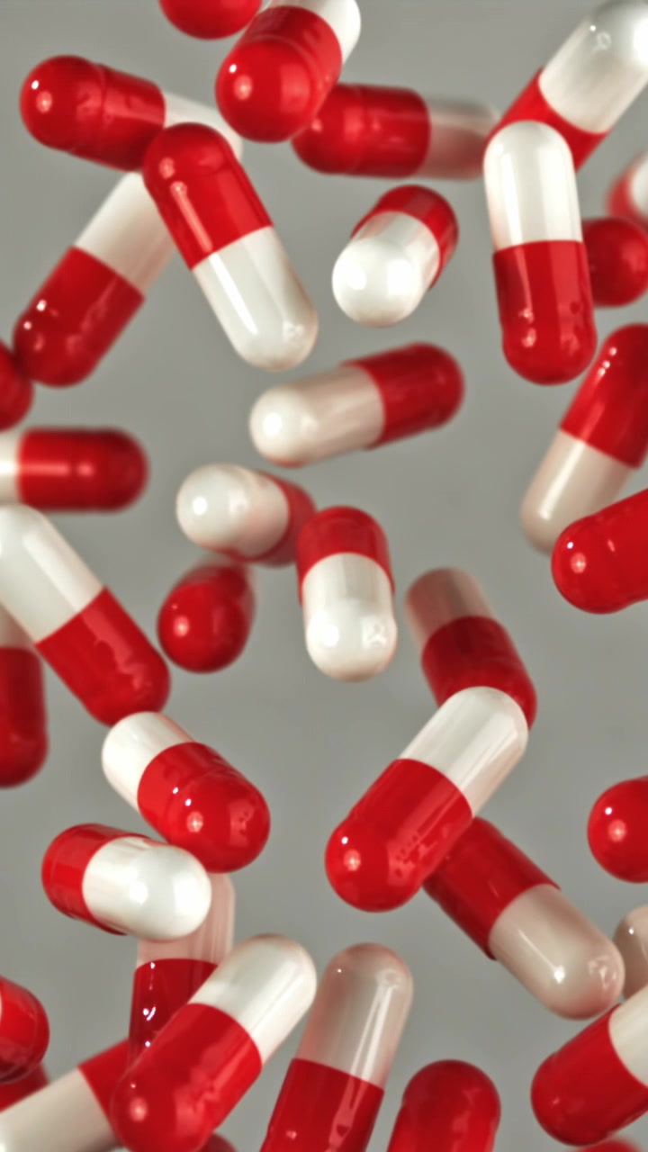 Capsule di medicinali rosse e bianche che cadono al rallentatore