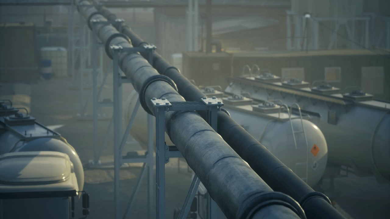 Pipelines and trucks intertwine in an industrial complex at dawn