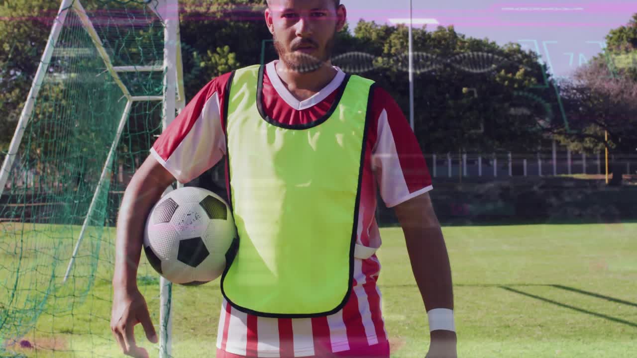 Telecamera che si muove verso l'alto rivelando un giocatore che stabilizza il pallone, aggiusta la postura e si prepara al tiro.