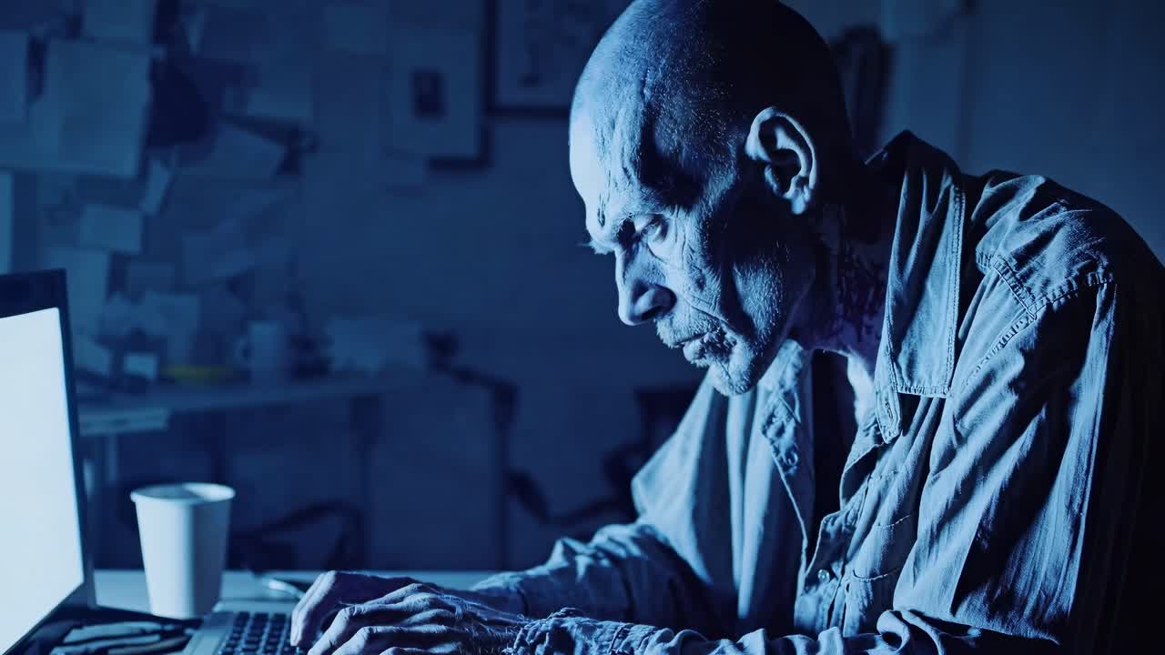 Bald zombie programmer intensely focusing on coding, working late in dimly lit messy room illuminated by laptop screen and ambient shadows
