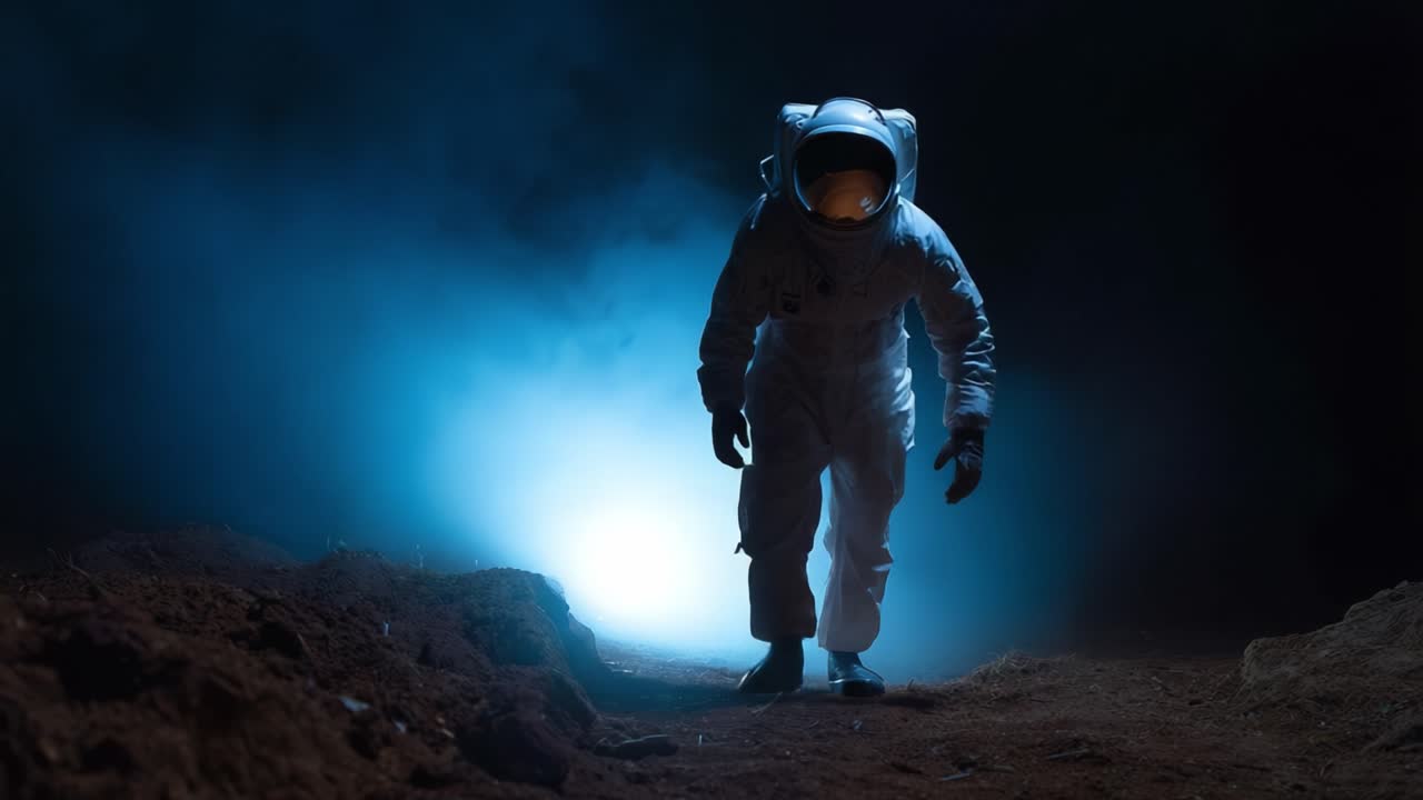 Un astronauta navega a través de un misterioso y oscuro paisaje iluminado por una suave luz brillante, creando una atmósfera de exploración y descubrimiento en el espacio profundo