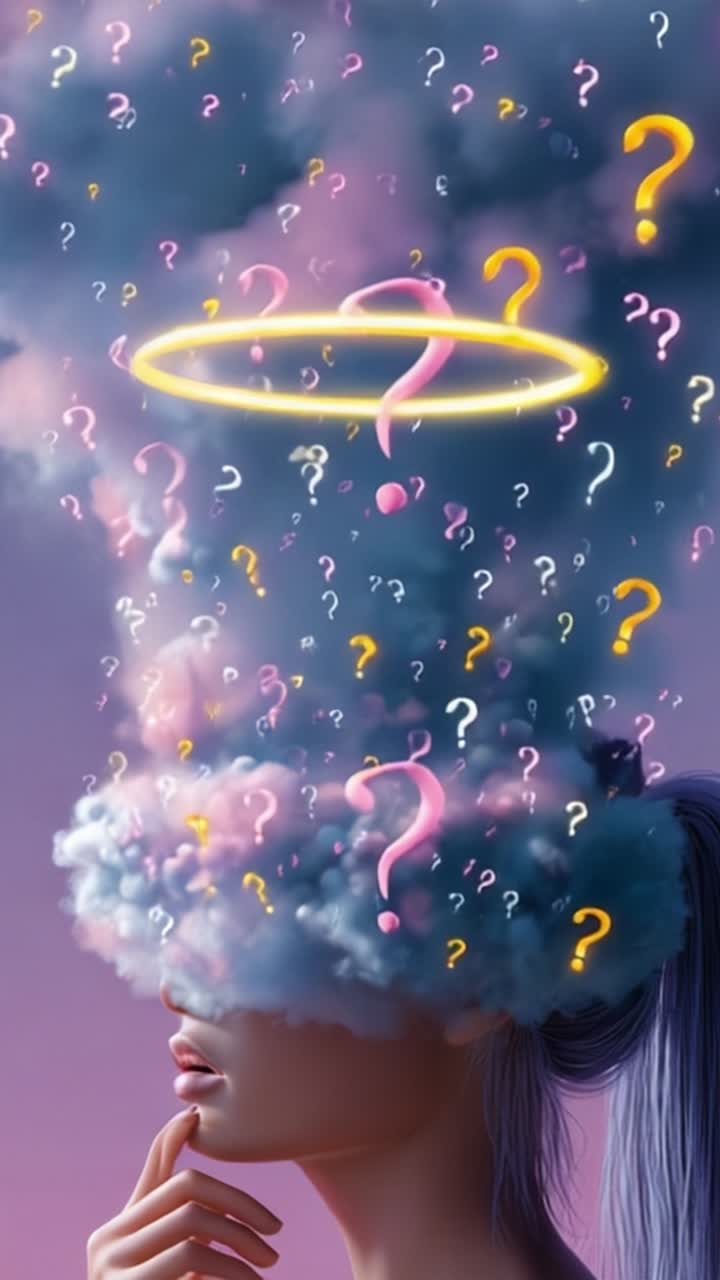 Un momento contemplativo: Un retrato surrealista de una mujer con la cabeza nublada, rodeada de signos de interrogación flotantes y un halo brillante, simbolizando pensamientos internos.
