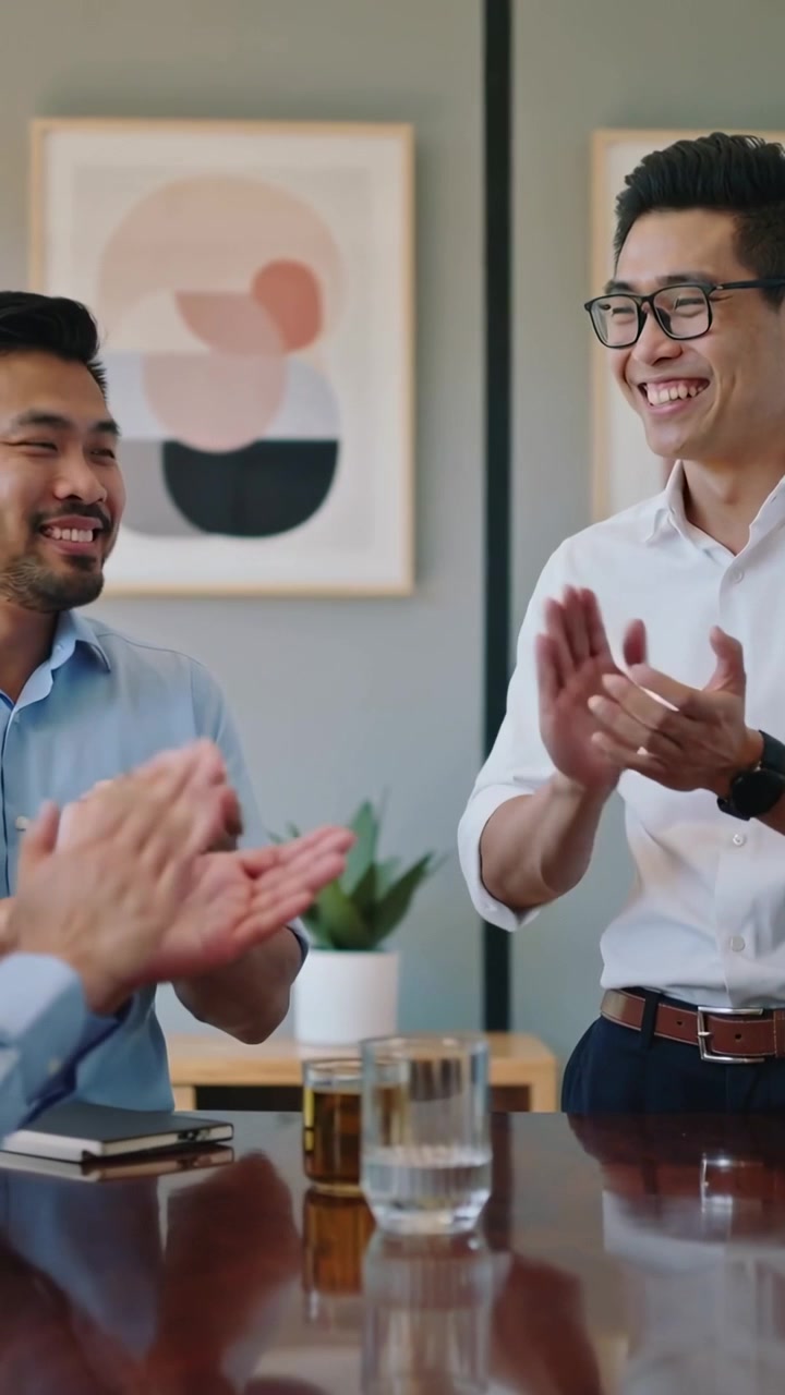 Vertical video: Clapping Asian man in shirt right in meeting after award holding notes, copy space