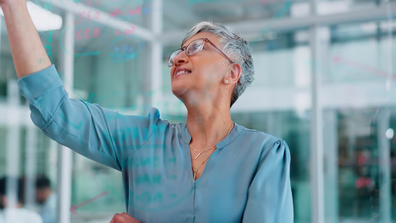 Corporate, writing and senior woman thinking