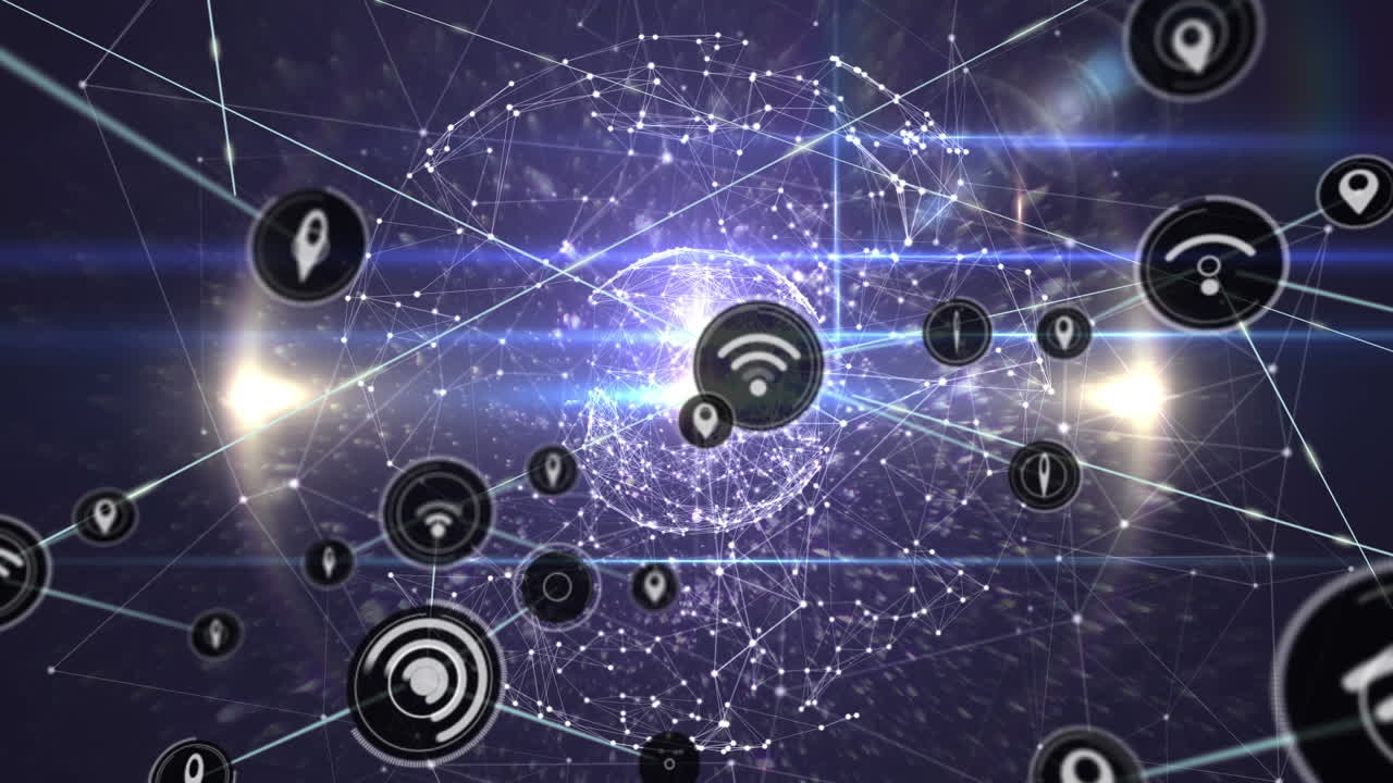 animación de la red de conexiones con iconos en todo el mundo con puntos brillantes
