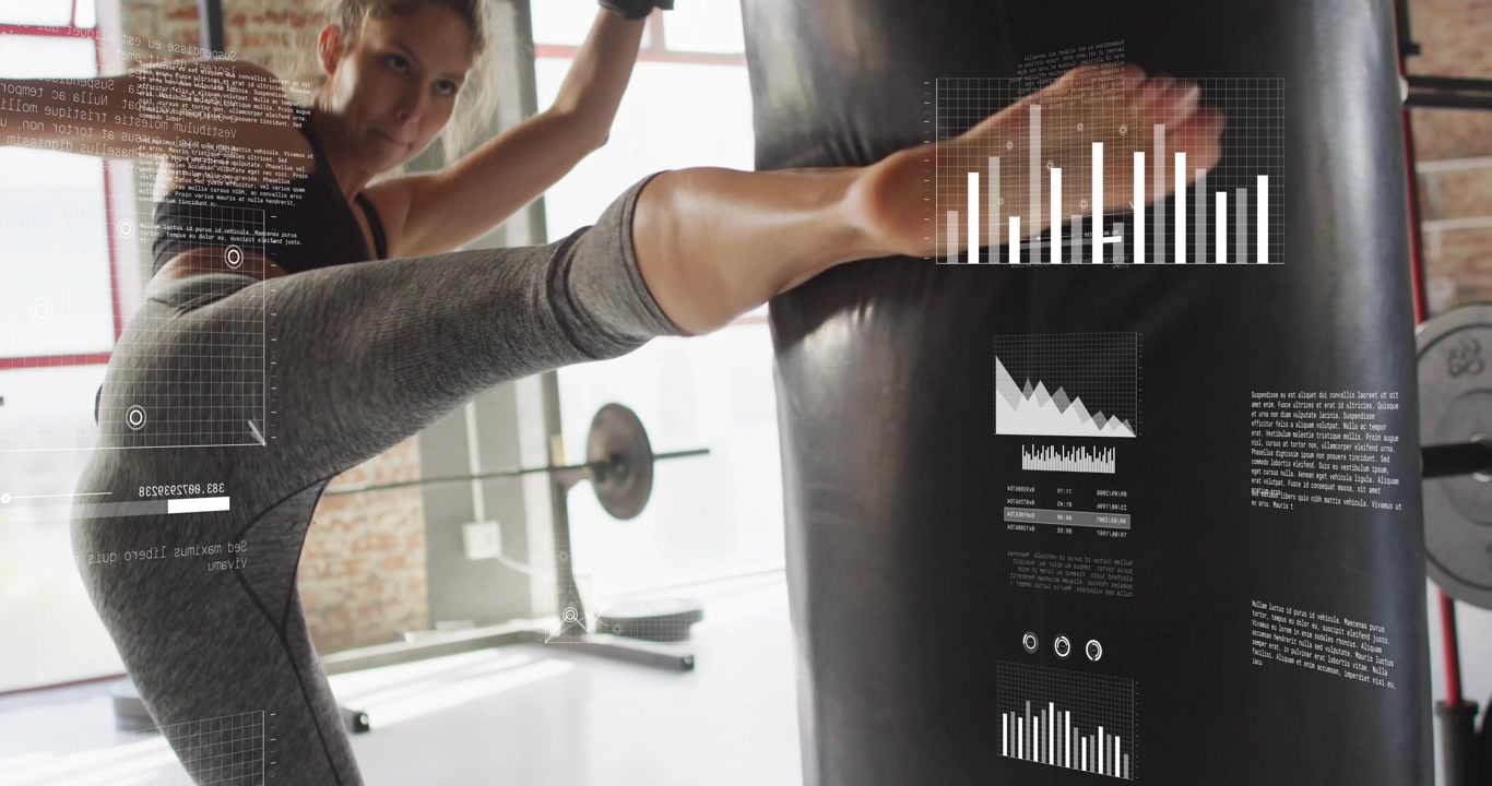 Woman athlete delivering jab-cross combos in gym, causing health data overlays tracking metrics