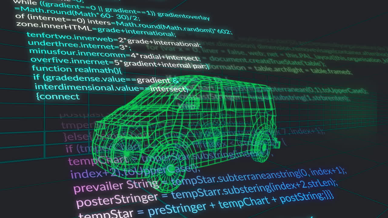 Overlaying programming code and mathematical formulas, digital wireframe of van