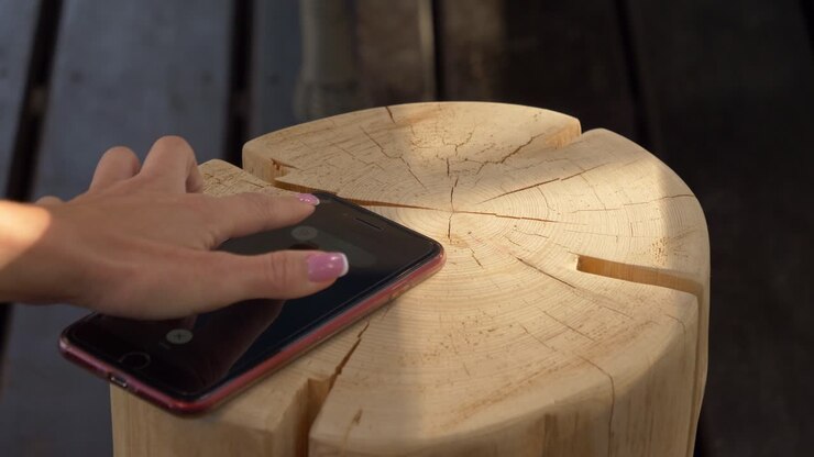 Frauenhand legt ihr Handy auf ein rustikales Holzblockmöbelstück in einem Norwegischen Dorf in Arendel, Zagorów, Polen.